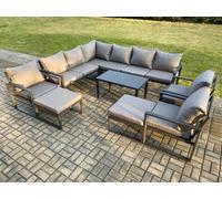 Fimous Aluminum 11 Seater Outdoor Lounge Corner Sofa Set Garden Furniture Sets with Oblong Coffee Table 3 Chairs 2 Big Footstools Dark Grey