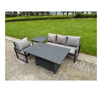 Fimous Aluminium Garden Furniture Set 4 Piece Aluminium Lounge Seating Adjustable Rising Lifting Dining Table Set with Cushions Side Table Dark Grey