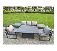 Fimous 6-Piece Aluminium Garden Furniture Sets 5 Seater Outdoor Sofa Set with Adjustable Rising Lifting Dining Table 2 Chairs 2 Side Tables