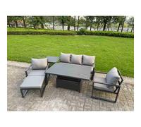 Fimous 6 Seater Aluminium Garden Furniture Set with Adjustable Rising Dining Table, 2 Chairs, Footstool, Side Table - Dark Grey