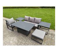 Fimous 5 Seater Aluminium Garden Furniture Set with Adjustable Rising Dining Table, 2 Side Tables, Footstool - Dark Grey