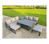 Fimous 8 Seater Aluminium Garden Furniture Set with Adjustable Rising Dining Table, 2 Sofas, Side Table, 2 Footstools - Dark Grey