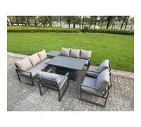 Fimous 9 Seater Aluminium Garden Furniture Set with Adjustable Rising Dining Table, 2 Sofas, Side Table & 3 Chairs - Grey