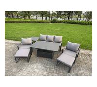 Fimous 7 Seater Aluminium Garden Furniture Set with Adjustable Rising Dining Table, 2 Chairs, 2 Footstools, Side Table - Dark Grey