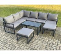 Fimous Aluminum 8 Seater Outdoor Lounge Corner Sofa Set Garden Furniture Sets with Oblong Coffee Table 2 Big Footstool Dark Grey