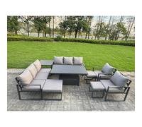 Fimous 9 Piece Garden Furniture Set 11-Seater Aluminium Outdoor Dining Set with Adjustable Rising Lifting Dining Table & Cushions Side Table 3 Footsto