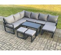 Fimous Aluminum 9 Seater Outdoor Lounge Corner Sofa Set Garden Furniture Sets with Oblong Coffee Table 3 Footstools Dark Grey Fimous Dark Grey