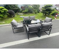 Fimous Aluminum Garden Furniture Dining Set Adjustable Rising Lifting Table And Chairs Patio Outdoor 6 Seat Black Tempered Glass Dark Grey