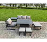 Fimous Aluminum Outdoor Dining Set Patio Dining Furniture Set Includes Adjustable Rising Lifting Dining Table Chairs with 3 Footstools Side Table