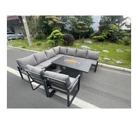 Fimous Aluminum Outdoor Garden Furniture Corner Sofa 2 PC Chairs Gas Fire Pit Dining Table Set 9 Seater