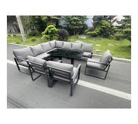 Fimous Aluminum Outdoor Garden Furniture Corner Sofa 3 Arm Chair Adjustable Rising Lifting Dining Table Set Dark Grey 10 Seater