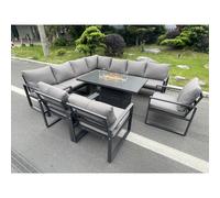 Fimous 10 Seater Aluminium Garden Furniture Set with Corner Sofa, 3 Chairs, Gas Fire Pit Dining Table - Dark Grey