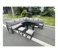Fimous Aluminum Outdoor Garden Furniture Corner Sofa Adjustable Rising Dining Table Sets Black Tempered 9 Seater