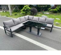 Aluminum Outdoor Garden Furniture Corner Sofa Adjustable Rising Lifting Dining Table Sets Black Tempered Glass Dark Grey 7 Seater Fimous Dark Grey One Size