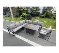 Fimous Aluminum Outdoor Garden Furniture Corner Sofa Chair Gas Fire Pit Dining Table Sets Gas Heater Burner Dark Grey 8 Seater