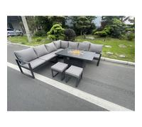 Fimous Aluminum Outdoor Garden Furniture Corner Sofa Gas Fire Pit Dining Table Sets 2 PC Stools 9 Seater
