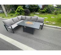 Fimous Aluminum Outdoor Garden Furniture Corner Sofa Gas Fire Pit Dining Table Sets Gas Heater Burner Dark Grey 6 Seater