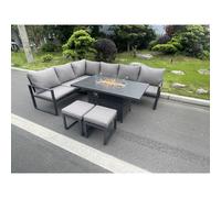 Fimous Aluminum Outdoor Garden Furniture Corner Sofa Gas Fire Pit Table Sets 2 Stools Gas Heater Burner Dark Grey 8 Seater