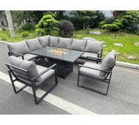 Fimous Aluminum Outdoor Garden Furniture Set Corner Sofa 2 PC Chairs Gas Fire Pit Dining Table Set Gas Heater Burner Dark Grey 8 Seater