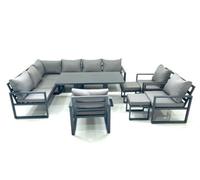 Fimous Aluminium Outdoor Garden Furniture Set Corner Sofa 3 Chair 2 Small Footstool Adjustable Rising Lifting Dining Table Sets Dark Grey