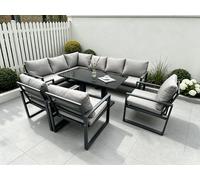 Fimous Aluminum Outdoor Garden Furniture Corner Sofa Chair Adjustable Rising Lifting Dining Table Sets Black Tempered Glass Dark Grey 9 Seater