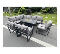 Fimous Aluminum Outdoor Garden Furniture Set Corner Sofa 3 PC Chairs Gas Fire Pit Dining Table Set Dark Grey 8 Seater