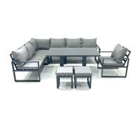 Fimous Aluminum Outdoor Garden Furniture Set Corner Sofa Chair 2 Small Footstool Adjustable Rising Lifting Dining Table Sets Dark Grey