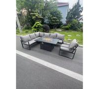 Fimous Aluminum Outdoor Garden Furniture Set Corner Sofa Chair Gas Fire Pit Dining Table Set Dark Grey 7 Seater
