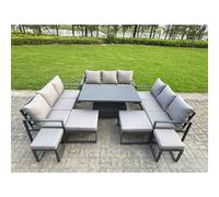 Fimous 13 Seater Aluminum Outdoor Garden Furniture Set with Adjustable Rising Dining Table, 3 Sofas & 4 Footstools - Grey