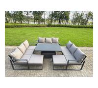 Fimous 11 Seater Aluminium Outdoor Patio Furniture Set with Adjustable Rising Dining Table, Footstool - Dark Grey