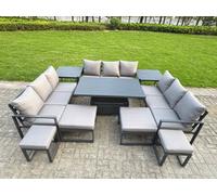 Fimous Aluminum Outdoor Patio Furniture Set With Adjustable Rising Lifting Dining Table 4 Footstools 2 Side Tables Dark Grey
