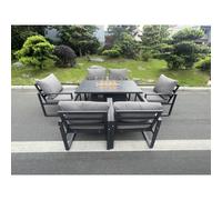 Fimous 6 Seater Aluminum Garden Furniture Set with Gas Fire Pit Dining Table and 6 Chairs - Dark Grey