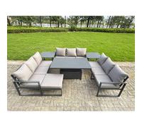 Fimous 10 Seater Aluminium Outdoor Garden Furniture Set with Adjustable Rising Dining Table, 3 Sofas, 2 Side Tables & Footstool - Grey