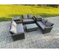 Fimous Dark Grey 6 Seater Outdoor Rattan Garden Furniture Set Patio Love Sofa Rectangular Coffee Table Set with 2 Side Tables