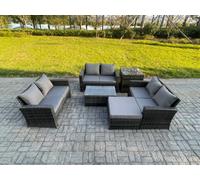 Fimous Dark Grey 7 Seater Outdoor Rattan Garden Furniture Set Patio Love Sofa Rectangular Coffee Table Set with Big Footstool Side Table