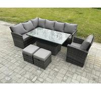 Fimous Dark Grey Mixed PE Rattan Outdoor Dining Set - Height Adjustable Lifting Table, 2 Small Footstools & Armchair