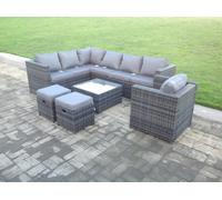 Fimous Dark Grey Mixed Rattan Garden Furniture Corner Sofa Set Square Coffee Table Chair Footstools Left Hand Option