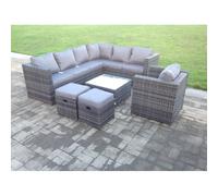 Fimous Dark Grey Mixed Rattan Garden Furniture Corner Sofa Set Square Coffee Table Chair Footstools Right Hand Option