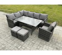 Fimous Dark Grey Mixed Rattan Outdoor Corner Sofa Set - Rectangular Dining Table, 2 Small Footstools & Armchair