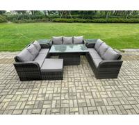 Fimous Dark Grey Mixed Rattan Outdoor Lounge Set - Height Adjustable Lifting Table, 2 Side Tables & Big Footstool