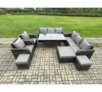 Fimous Dark Grey Mixed Rattan Outdoor Lounge Set - Oblong/Rectangular Dining Table, Adjustable Chair & 3 Footstools