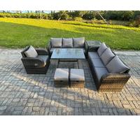 Fimous Dark Grey Mixed Rattan Outdoor Lounge Set - Rectangular Dining Table, Reclining Chair, Side Table & 2 Small Footstools