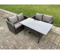 Fimous Dark Grey PE Wicker Rattan Garden Furniture Set Love Sofa 2 Seater Sofa Set Outdoor Rectangular Dining Table 4 Seater