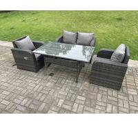 Fimous Dark Grey PE Wicker Rattan Garden Furniture Set Love Sofa Reclining Chair Outdoor Rectangular Dining Table 4 Seater