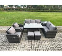Fimous Dark Grey PE Wicker Rattan Garden Furniture Set Reclining Chair Love Sofa 2 Seater Sofa Set Outdoor Rectangular Dining Table Small Footstools Fimous Dark Grey