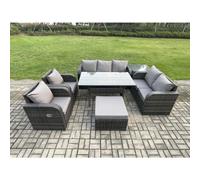 Fimous Dark Grey PE Wicker Rattan Garden Furniture Set Reclining Chair Love Sofa 2 Seater Sofa Set Outdoor Dining Table Big Stool 8 Seater