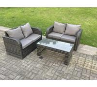 Fimous Dark Grey Rattan Garden Furniture Set Love Sofa 2 Seater Sofa Set Outdoor Rectangular Coffee Table 4 Seater
