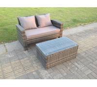 Fimous Dark Mixed Grey High Back Rattan Garden Furniture 2 Seater Love Seat Sofa With Oblong Coffee Table