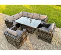 Fimous Dark Mixed Grey Outdoor Rattan Garden Furniture Sofa Set Rising Adjustable Dining Or Coffee Table 2 Chairs Patio Furniture Left Corner