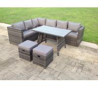 Fimous Dark Mixed Grey Rattan Garden Outdoor Corner Sofa Set Rectangular Dining Table Small Footstools 8 Seater in Dark Grey Fimous Dark Grey